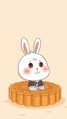 The cute Q-version of the little white rabbit is sitting on a huge mooncake