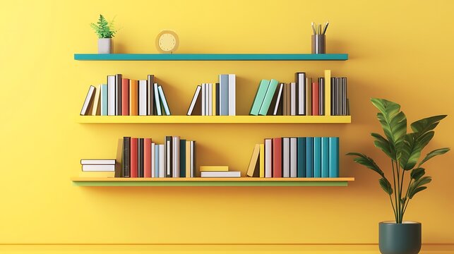 Colorful bookshelves against a vibrant yellow wall.