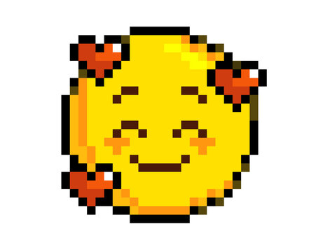8 bits pixel art yellow smiling face with hearts flat icon