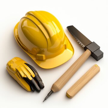 Construction Tools and Safety Equipment Yellow Hard Hat, Gloves, Hammer, and Saw on White