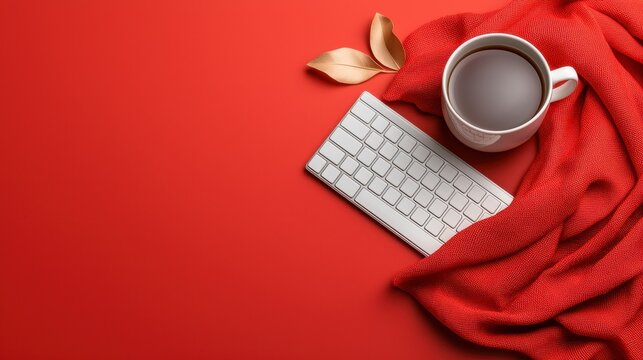 Cozy Autumn Workspace Red Background White Keyboard Knit Scarf Tea Cup Gold Leaves
