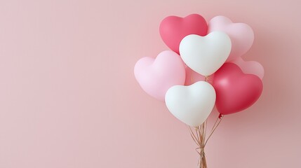 Red, white, and pink heart-shaped balloons float against a solid pink wall, evoking romance, love, and gifting. The minimal design allows space for text overlays and Valentine's themes