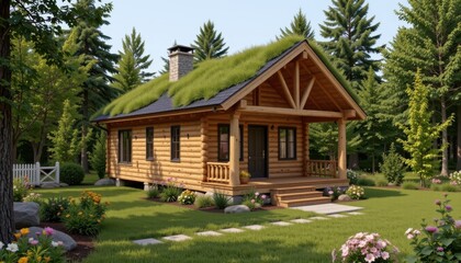 a woodland retreat cabin made from sustainably harvested logs with a green roof and natural stone foundation. includes a rocket mass heater and composting sanitation