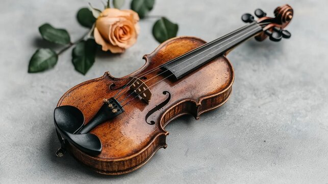 Antique Violin and Peach Rose on Gray Textured Surface