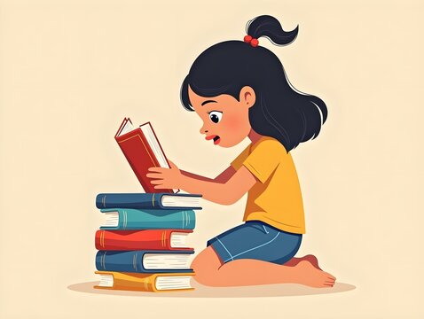 Girl stacking colorful books in red blue yellow educational concept illustration with playful child reading activity