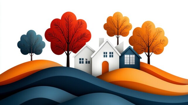 Autumnal Village Scene Houses on Rolling Hills with Colorful Trees