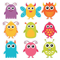A collection of nine colorful cute cartoon monster characters isolated on a white background