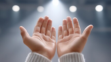 Two childlike hands raised into stage lights from below, symbolizing openness, prayer, or reaching toward inspiration. A modern representation of aspiration or unity
