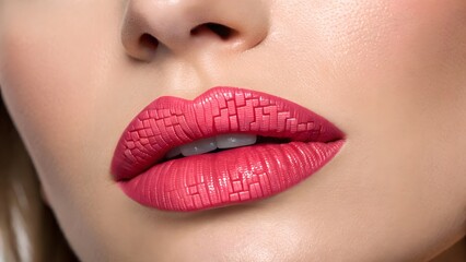 Fototapeta premium High-impact close-up of lips with pixelated digital lipstick effect on neutral background, merging retro aesthetic with futuristic beauty tech.