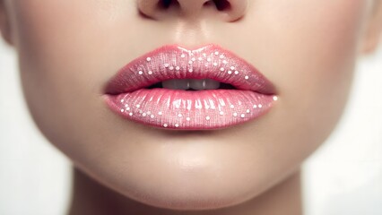 Fototapeta premium High-impact close-up of lips with pixelated digital lipstick effect on neutral background, merging retro aesthetic with futuristic beauty tech.