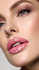 High-impact close-up of lips with pixelated digital lipstick effect on neutral background, merging retro aesthetic with futuristic beauty tech.