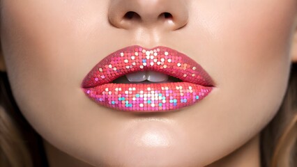 Fototapeta premium High-impact close-up of lips with pixelated digital lipstick effect on neutral background, merging retro aesthetic with futuristic beauty tech.