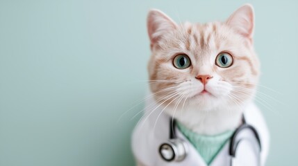 A close-up of a curious vet cat wearing a white coat and stethoscope, posed against a pale background. Veterinary clinic health pet care and pet-themed, chech up