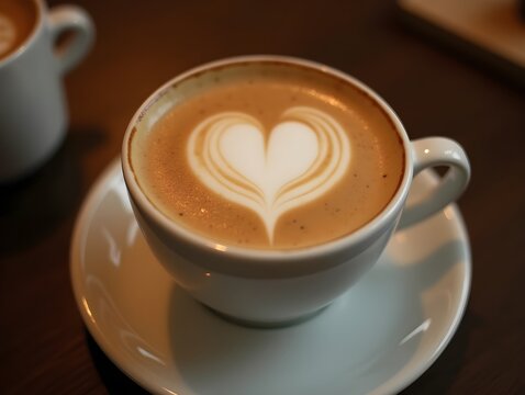 Heart-shaped latte art conveying affection in a cozy cafe setting