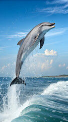 Bottlenose Dolphin Leaping High Above Ocean Waves on a Sunny Day with Blue Sky Background