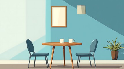 Interior design of a small dining area with a round table and two chairs.