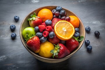 Colorful fruit bowl with strawberries raspberries blueberries oranges and green apple