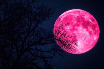 strawberry full moon moon back on silhouette plant and trees on night sky