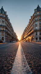 Elegant symmetrical Parisian Haussmann boulevard in soft morning light on street.