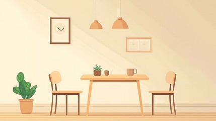 A dining area with a wooden table and chairs.