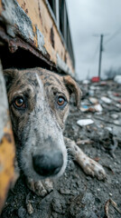 Close-up of a fear dog under bus, a dog lying in a damaged environment, looking distressed after disaster or catastrophe, destruction aftermath.