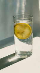 A glass of water with a lemon slice in it. The glass is half full and the lemon slice is floating on top of the water. in morning light.