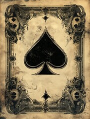 An ornate Ace of Spades playing card with a vintage, distressed design, featuring detailed black and white baroque-style embellishments on aged paper.