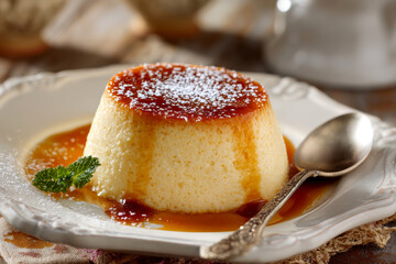 Classic Spanish flan with creamy texture and golden caramel topping, served as a rich, elegant dessert.