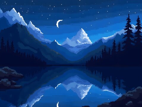 Pixel Art Mountain Lake Night Reflection