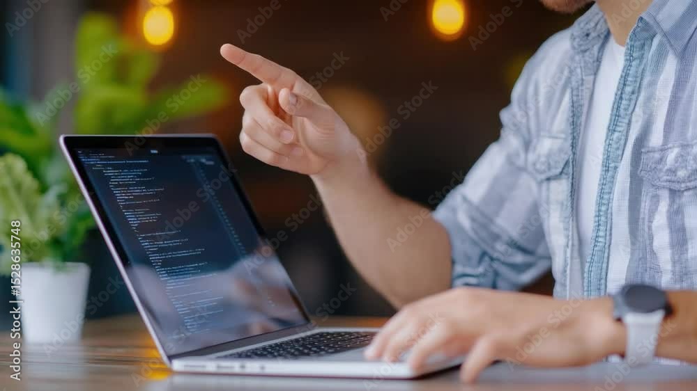 Poster coding vision: a focused coder's hand gestures toward a digital display, showcasing the intersection