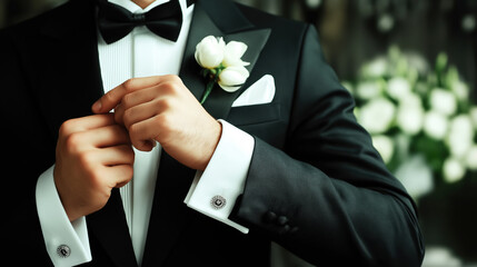 Elegant groom preparing for wedding day in formal attire with white flower