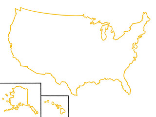 アメリカ合衆国の白地図（線画・州境線なし）イエロー