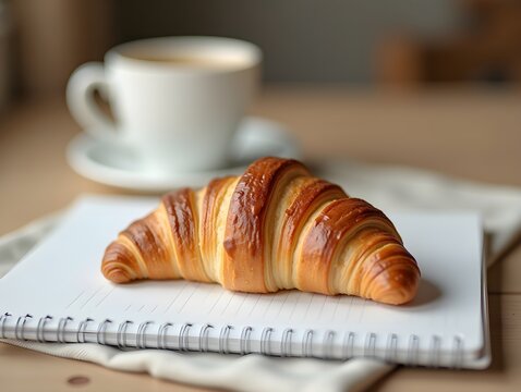 Croissant and coffee on a notebook at breakfast time