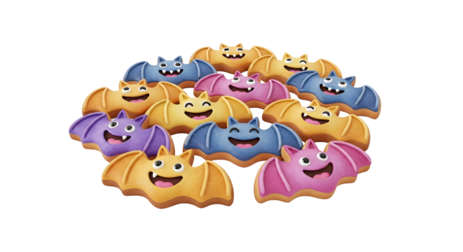 Group of colorful bat-shaped cookies with smiling faces on a transparent background. Each cookie has a different color and design, arranged in a circular pattern. - Powered by Adobe