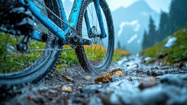 Mountain bike in a muddy trail, rain