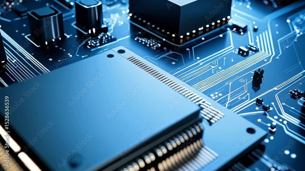 Poster close up of a modern blue computer chip on a circuit board, advanced technology for data processing 
