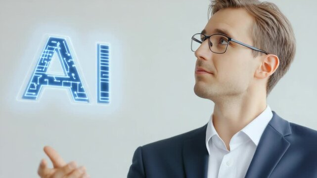 Intelligent Man and AI: A forward-thinking individual, adorned in elegant spectacles, engages thoughtfully with the digital landscape of artificial intelligence. An inspiring tableau.
