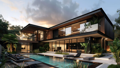 Obraz premium a modern house with a swimming pool surrounded by lush greenery, featuring a black chair and a large building in the background
