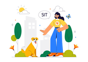 Dogs Training Center at Playground with Instructor Teaching Pets to Perform Tricks and Various Jumping Skills in a Flat Style Cartoon Background