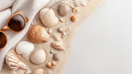 Seashells and sunglasses on soft beach sand creating a relaxed summer vibe