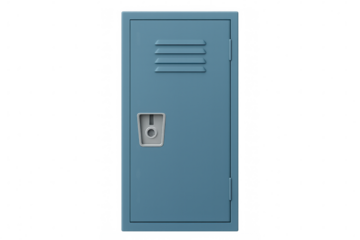 Metal school locker closed with combination lock on transparent background, symbolizing student life, privacy, and organization in education