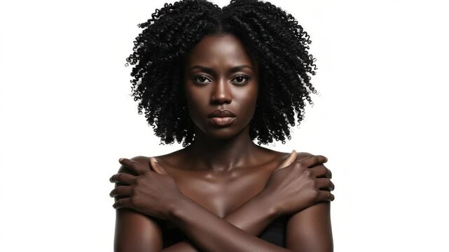 Confident Black Woman with Natural Curly Hair Posing on White Background in Empowering Crossed Arms Pose

