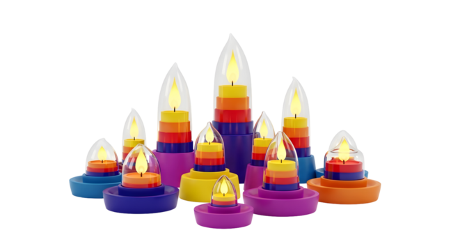 Colorful candles with transparent flames against a black background creating a warm and festive visual. The various sizes and colors enhance the decorative appeal and artistic style.