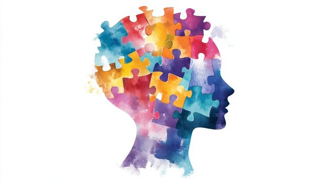 Watercolor concept human head profile made of colorful puzzle pieces, art illustration on mental health