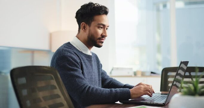Typing, laptop and businessman in office for research on global stock market for investment trading. Technology, finance report and financial manager with computer for online proposal in workplace.