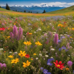a vibrant wildflower meadow in full bloom with bright colorful flowers stretching out to a distant