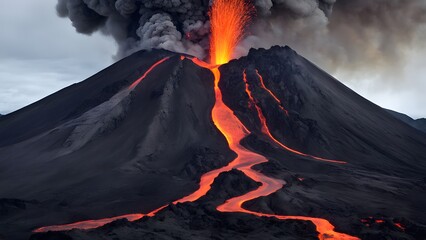 a volcano with a lava flow going down the middle