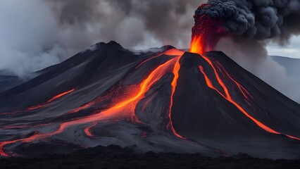 a volcano with a lava flow going down the middle