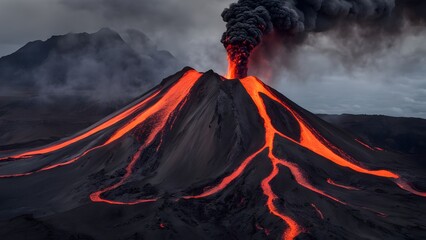 a volcano with a lava flow going down the middle