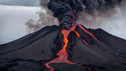a volcano with a lava flow going down the middle